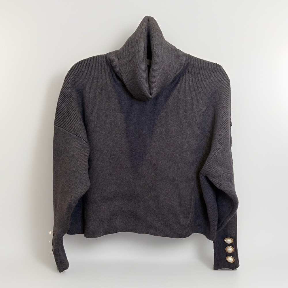 Zara Sweater Womens M Gray Knit Turtleneck Pearl Button Cuff Oversized Pullover